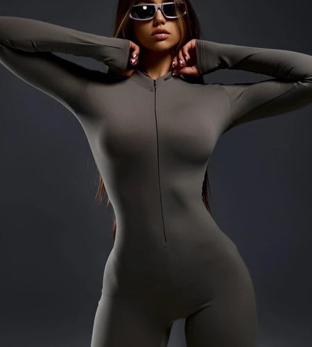 Autumn/Winter Long Sleeve Zipper Skinny Jumpsuit Women Elastic Tight Flare Playsuit Female Fashion Casual Sports Rompers