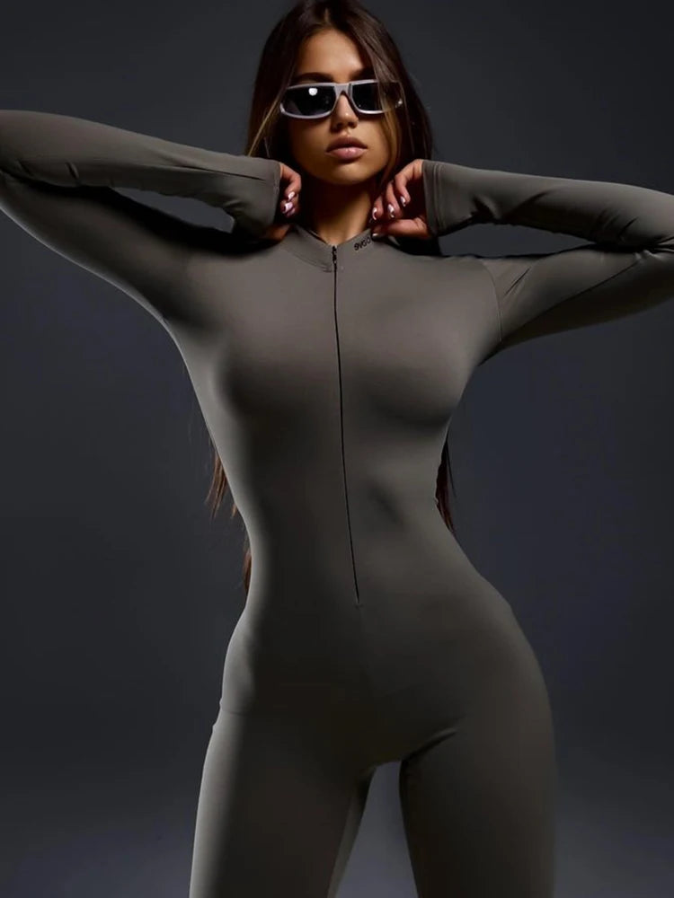 Autumn/Winter Long Sleeve Zipper Skinny Jumpsuit Women Elastic Tight Flare Playsuit Female Fashion Casual Sports Rompers