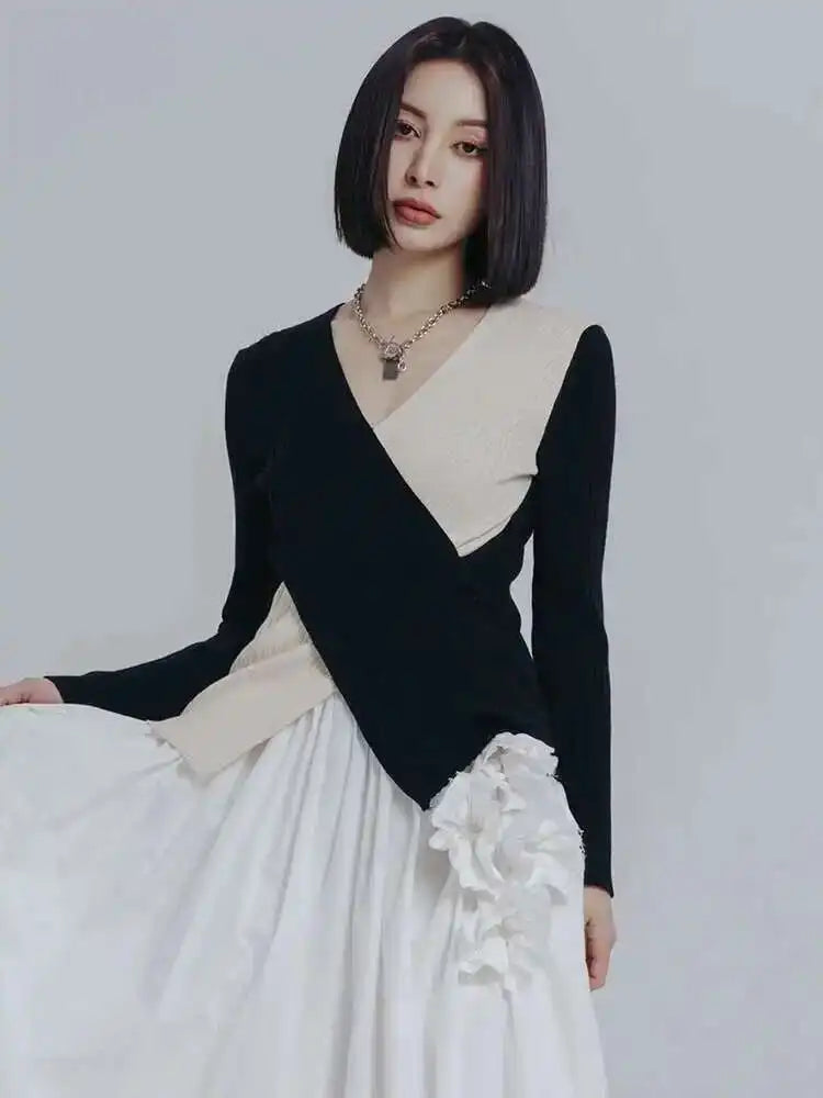 Irregular Color-block Knitting Sweater Fit V-Neck Long Sleeve Women Pullovers New Fashion Tide Autumn Winter 2025 1DE6584