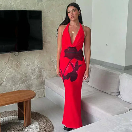 Load image into Gallery viewer, Halter Deep V Neck Printed Maxi Dress For Women Gown Red Off-shoulder Sleeveless Backless Fashion Bodycon Long Dress
