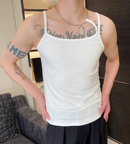 Summer Trendy Men Vest Metal Necklace Design Tight Men's Tank Top Personalized Sexy Male Sleeveless T-shirt New 9C5947