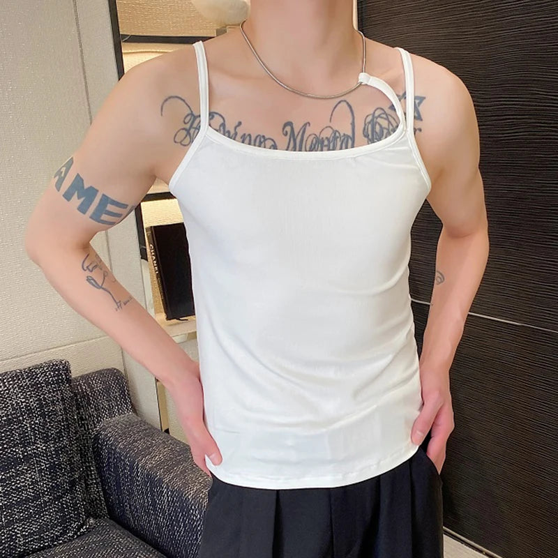 Summer Trendy Men Vest Metal Necklace Design Tight Men's Tank Top Personalized Sexy Male Sleeveless T-shirt New 9C5947