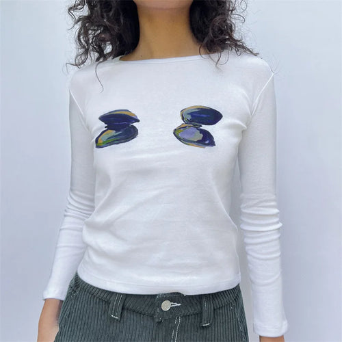 Load image into Gallery viewer, y2k Crop Top 2000s Women Graphic Cherry/Cake Print Round Neck Long Sleeve T Shirt Aesthetic Clothing White Streetwear
