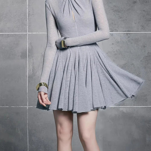 Load image into Gallery viewer, Slimming Spliced Folds Minimalist Dresses for Women Round Neck Long Sleeves Temperament Dress Female Clothing New
