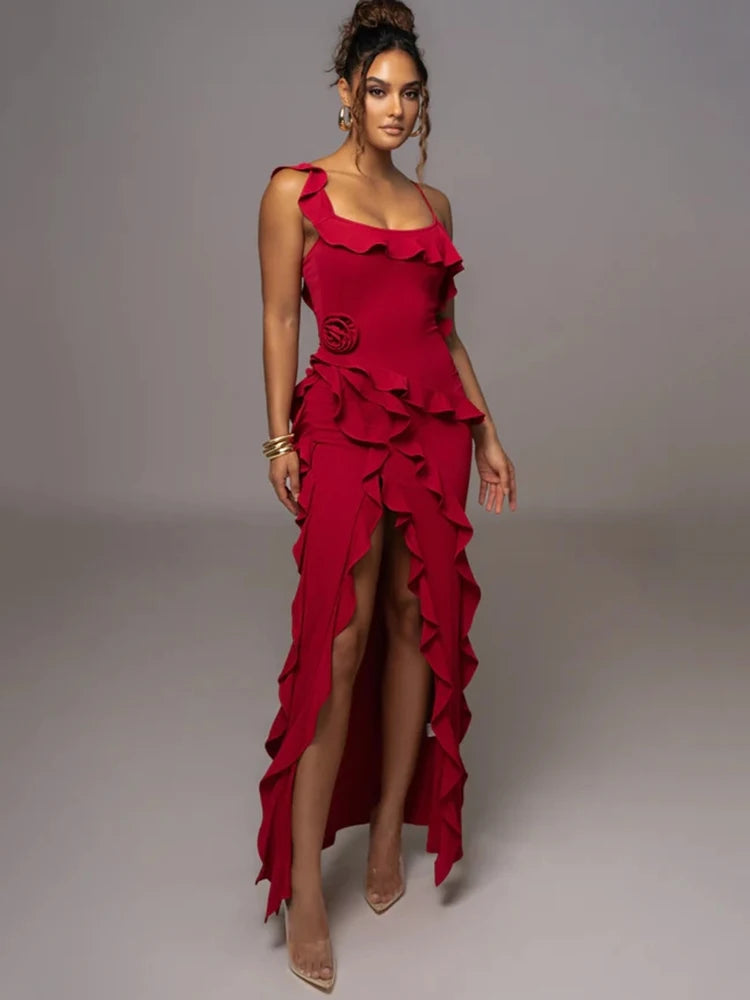 Elegant Thin Shoulder Strap Bodycon High Split Evening Dress Women Fashion Sexy Open Back Slim Dress Female Partywear