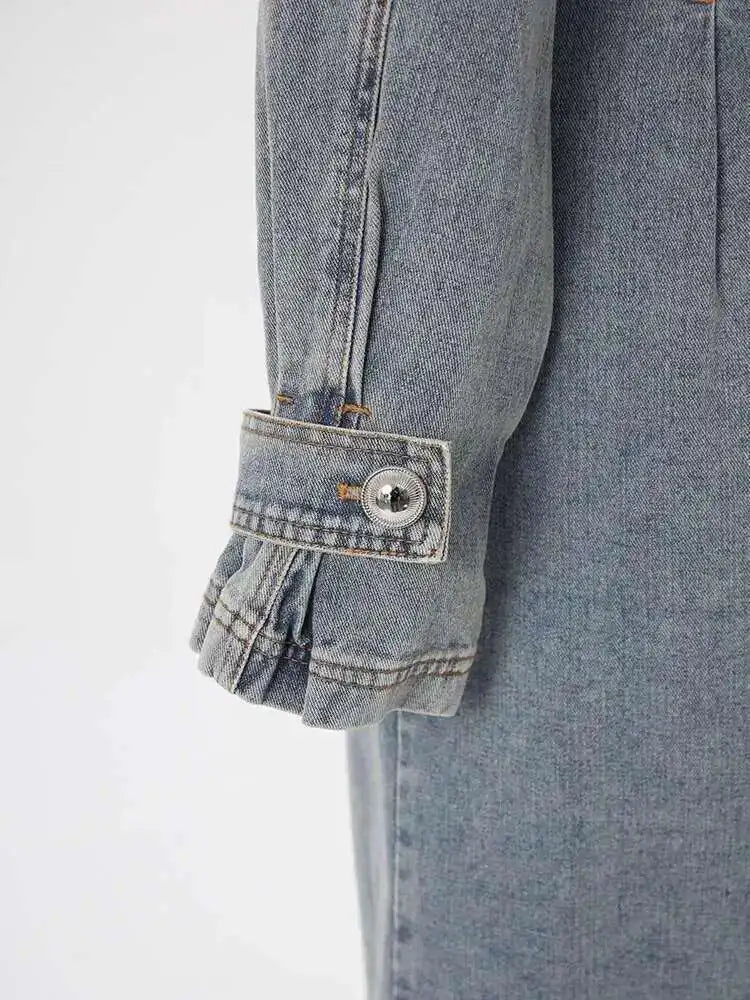 Women Blue Denim Big Size Long Trench New Lapel Long Sleeve Loose Fit Windbreaker Fashion Tide Spring Autumn 2025 17A4709