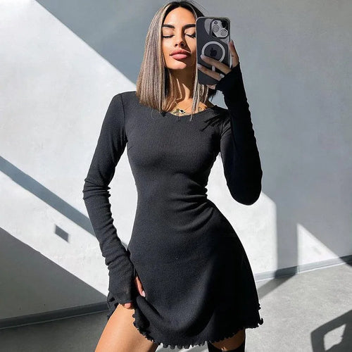 Load image into Gallery viewer, Ribbed Long Sleeve Sexy Mini Dress For Women Autumn Winter New O Neck Bandage Lace-up Fashion Elegant Dress Vestidos
