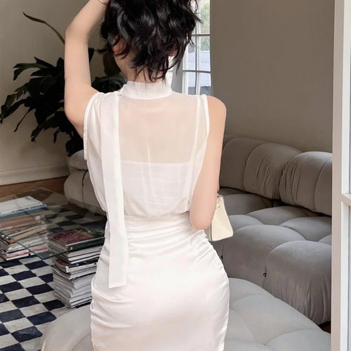 Load image into Gallery viewer, Sexy Lace Mesh White Satin Dress Bodycon Summer Sundress Beach Casual Elegant Short Dresses Women New In
