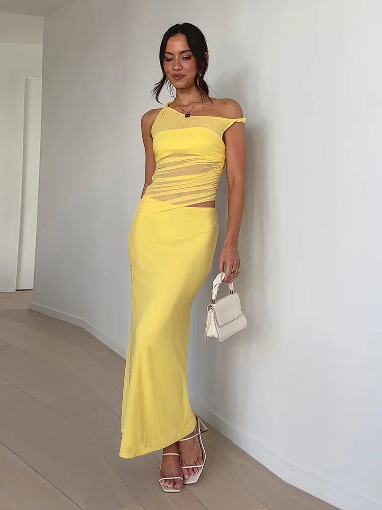 Diagonal Collar Backless Sexy Maxi Dress Women Gown Summer New Sleeveless Sheer Mesh Hollow Out Elegant Long Dress