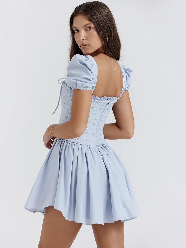 Fashion New Product Bubble Sleeves Square Neck Dress Slim Lace Up Princess Dress Two Piece Set Elegant Sweet Female Set