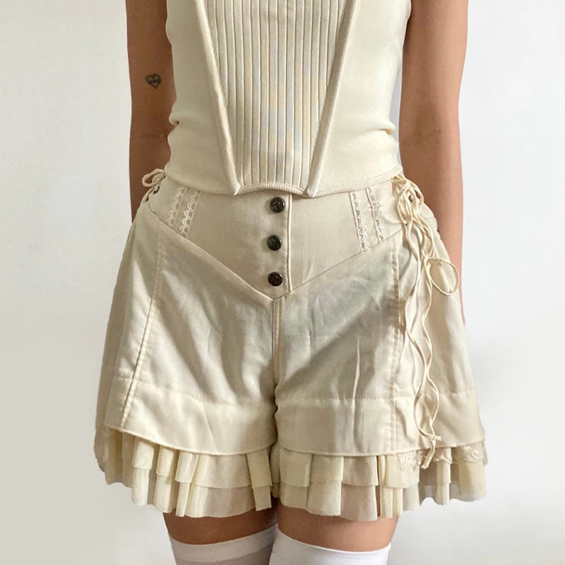 Fashion Chic Ruffles Spliced High Waist Shorts Women Lace Trim Buttons Coquette Clothes Summer Shorts Tie Up Outfits