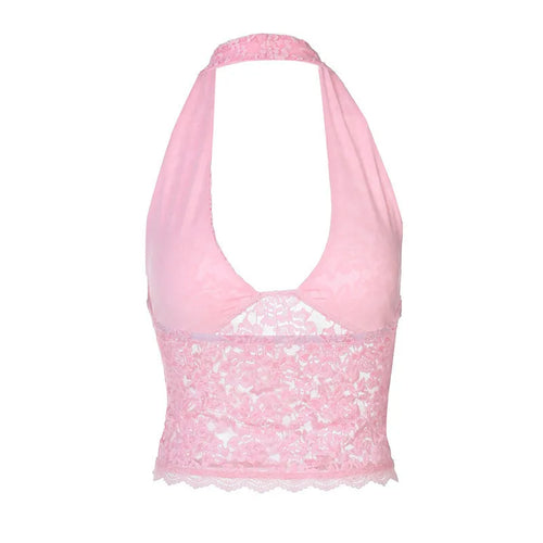 Load image into Gallery viewer, Halter Sleeveless Sexy Crop Tops Women Fashion Deep V Neck Backless Tank Tops Female Elegant Club Skinny Lace Top
