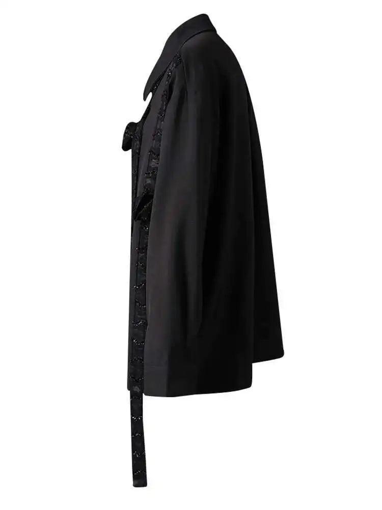 Women Black Three-dimensional Flower Big Size Blouse New Lapel Long Sleeve Shirt Fashion Tide Spring Autumn 2025 CPG2864