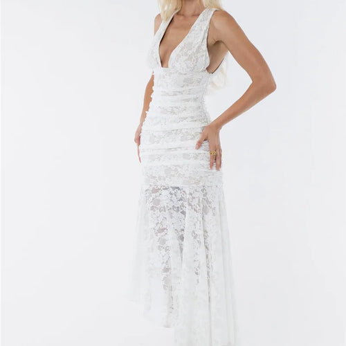 Load image into Gallery viewer, Lace Ruched Sexy Maxi Dress Women Gown White Patchwork Deep V Neck Sleeveless Backless High Waist Long Tank Dress
