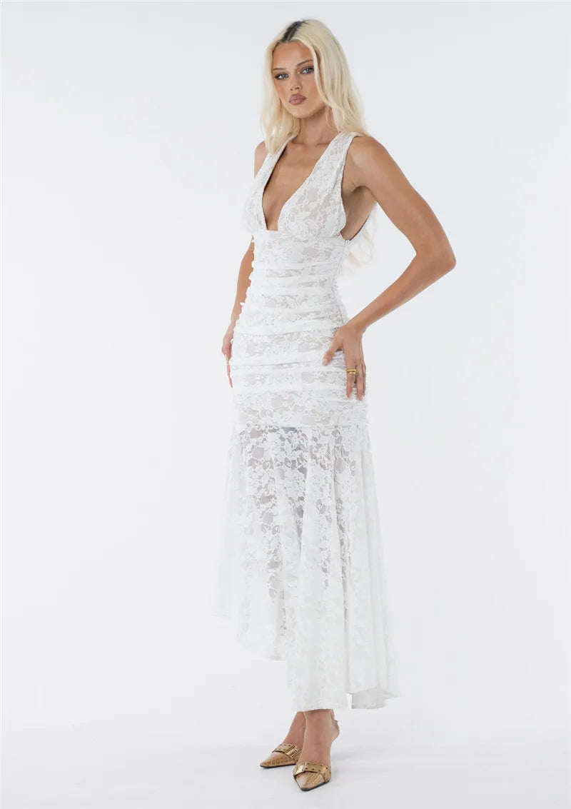 Lace Ruched Sexy Maxi Dress Women Gown White Patchwork Deep V Neck Sleeveless Backless High Waist Long Tank Dress