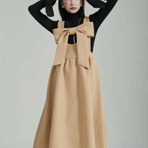 Load image into Gallery viewer, Women Gray Bow Bandage Spliced Long Elegant Woolen Dress New Sleeveless Loose Fit Fashion Tide Autumn Winter 2025 1DF3527
