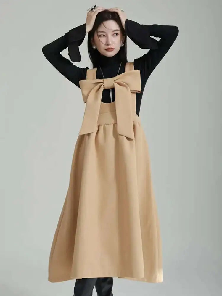 Women Gray Bow Bandage Spliced Long Elegant Woolen Dress New Sleeveless Loose Fit Fashion Tide Autumn Winter 2025 1DF3527