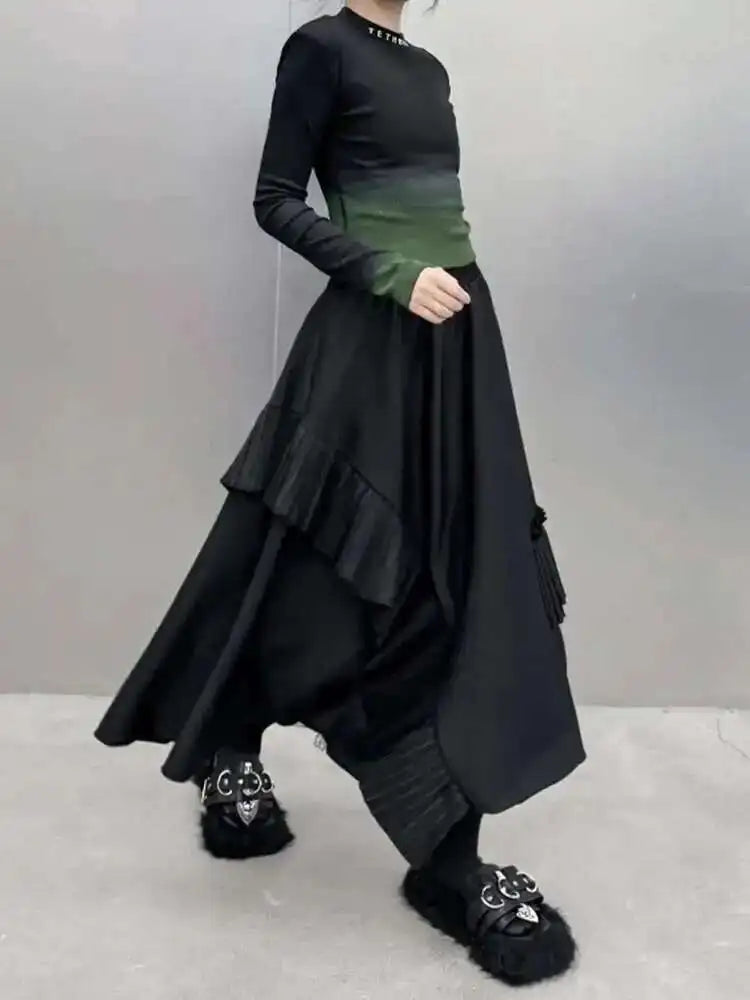 High Elastic Waist Black Irregular Pleated A-line Half-body Casual Skirt Women Fashion Tide New Spring Autumn 2025 1DH3690