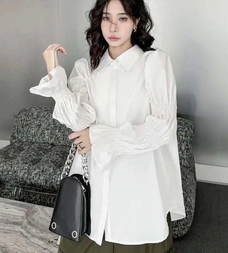 Women White Big Size Casual Blouse New Lapel Long Lantern Sleeve Pleated Shirt Fashion Tide Spring Autumn 2025 1DH4459