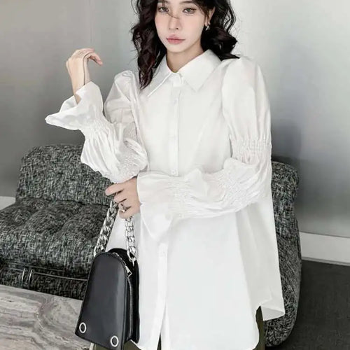 Load image into Gallery viewer, Women White Big Size Casual Blouse New Lapel Long Lantern Sleeve Pleated Shirt Fashion Tide Spring Autumn 2025 1DH4459
