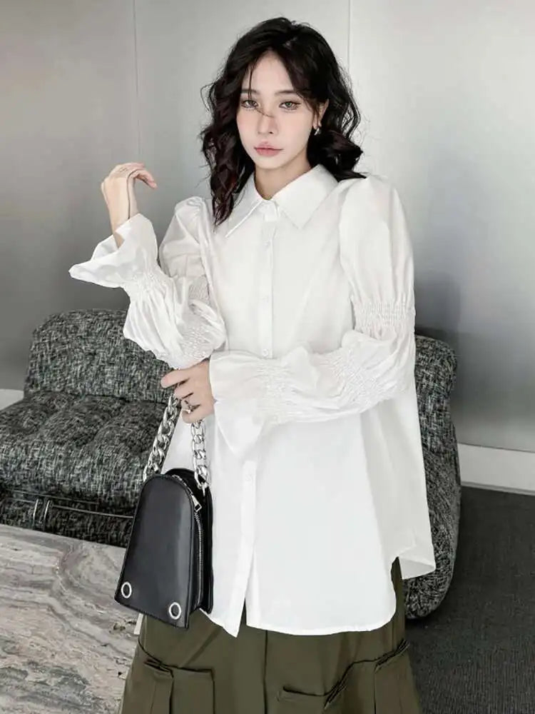 Women White Big Size Casual Blouse New Lapel Long Lantern Sleeve Pleated Shirt Fashion Tide Spring Autumn 2025 1DH4459