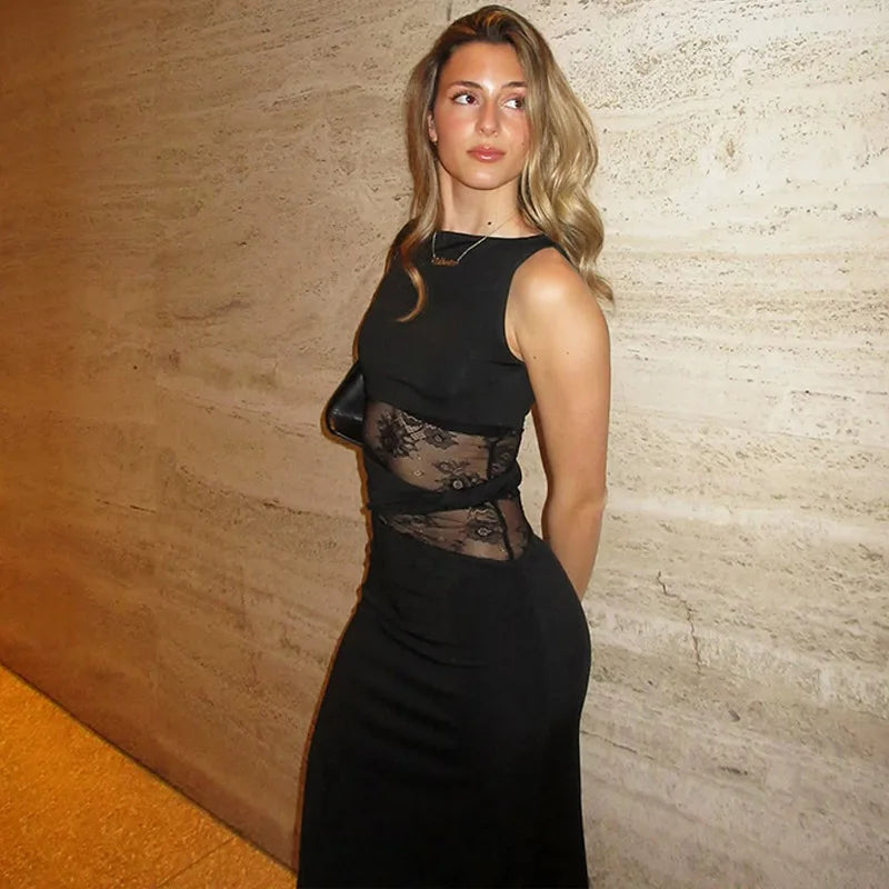 Sheer Lace Sleeveless Sexy Maxi Dress For Women Gown Summer Patchwork Fashion O Neck Bodycon Long Tank Dress Vestido