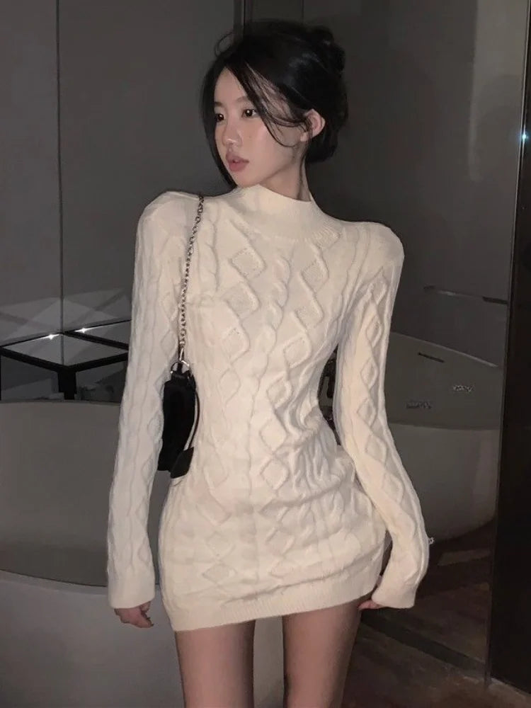 Sexy Backless White Knit Knitted Sweater Dress Women Korean Style Fashion Kpop Bodycon Slim Mini Short Dresses