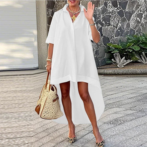 Load image into Gallery viewer, Urban High-low Summer Dress Woman 2025 Cotton V-neck Half Sleeves Simple Birthday Party Midi Dresses for Woman Clothing

