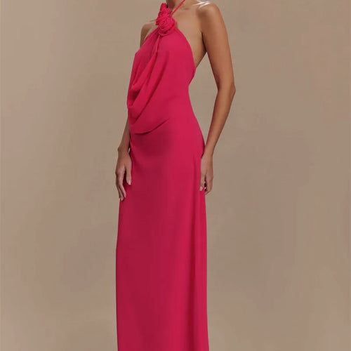 Load image into Gallery viewer, Rose Halter Off-shoulder Sexy Maxi Dress Women Rose Red Sleeveless Backless Lace-up High Waist Club Party Long Dress
