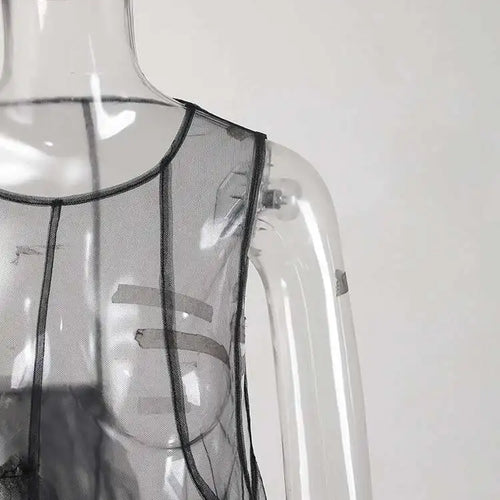 Load image into Gallery viewer, Women Black Irregular Ruffles Mesh Elegant Perspective Dress New Round Neck Sleeveless Fashion Spring Summer 2025 CPDB108
