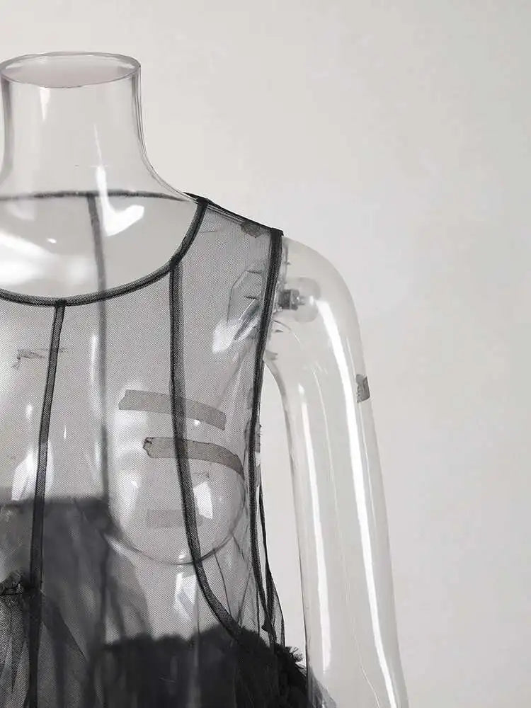 Women Black Irregular Ruffles Mesh Elegant Perspective Dress New Round Neck Sleeveless Fashion Spring Summer 2025 CPDB108