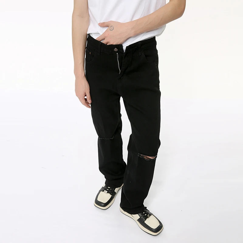 High Street Male Jeans Hole Slim Straight Trouser Loose Wide Leg Men's Denim Pants Casual Solid Color Bottom Fashion 9C6397