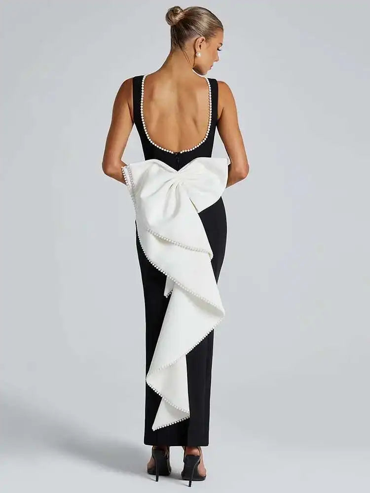 Elegant Pearl Bow Backless Sexy Maxi Dress Women Gown Fashion Sleeveless High Waist A-line Club Party Long Dress