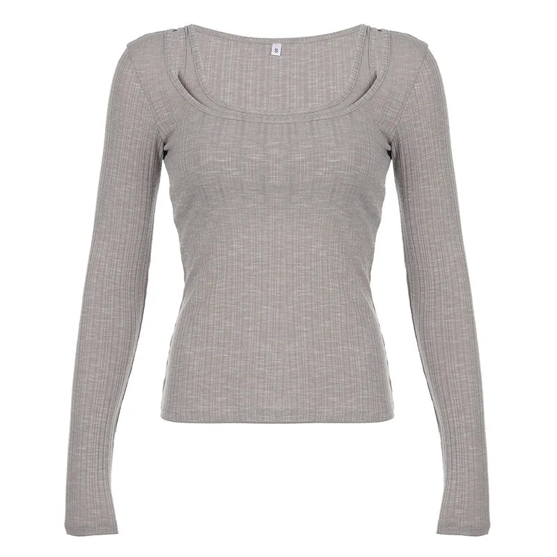 Two Pieces Set Autumn Simple Casual Long Sleeve Vintage Women T-shirts + Japanese Solid Bottoming Y2k Aesthetic All Match Tanks