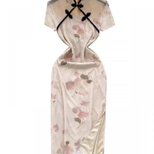 Load image into Gallery viewer, Women New Chinese Style Vintage Beige Print Elegant Long Dress 2024 Summer Fashion Hollow Out Slim Short Sleeve Sexy Party Dress
