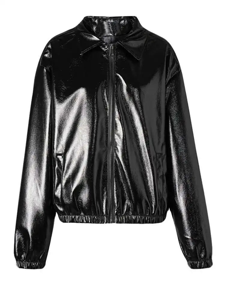 PU Leather Black Brief Big Size Casual Jacket New Lapel Long Sleeve Women Coat Fashion Tide Spring Autumn 2025 CPG2508