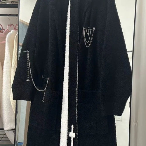 Load image into Gallery viewer, Gothic Punk Cashmere Knitted Long Cardigans Knee Length Loose Hooded Sweater Coat Korean Ins Causal Elegant Vintage Cardigan Y2k
