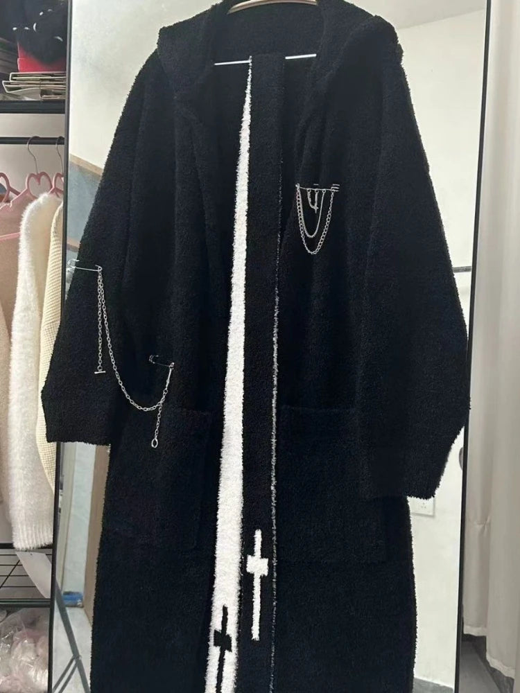 Gothic Punk Cashmere Knitted Long Cardigans Knee Length Loose Hooded Sweater Coat Korean Ins Causal Elegant Vintage Cardigan Y2k