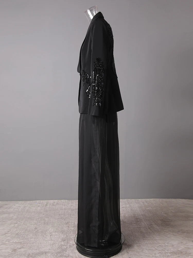 Big Size Sequins Blazer Mesh Long Pants Two Piece Suit New Lapel Long Sleeve Women Fashion Tide Spring Autumn 2025 35Z1664