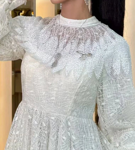 Fashion Spliced Bead Vintage Dresses for Women Round Neck Long Sleeves High Waist Patchwork Folds Dress Female New