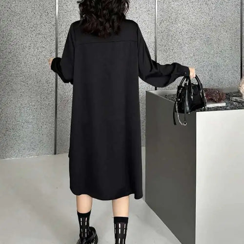 Load image into Gallery viewer, Women Black Irregular Hem Buckle Tassels Elegant Shirt Dress New Lapel Long Sleeve Fashion Tide Spring Autumn 2025 1DH4457
