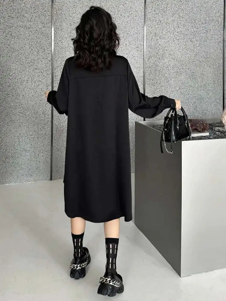 Women Black Irregular Hem Buckle Tassels Elegant Shirt Dress New Lapel Long Sleeve Fashion Tide Spring Autumn 2025 1DH4457