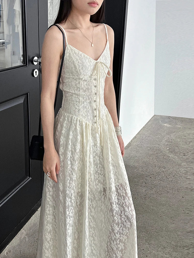 Women Green Printed Bandage Long Spaghetti Strap Dress New V-Neck Sleeveless Fashion Tide Spring Summer 2025 1DJ1311