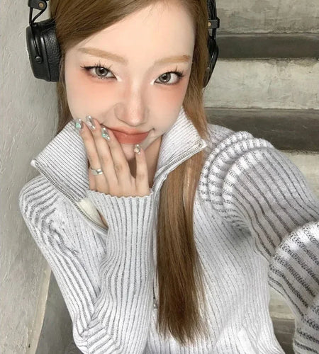 Vintage Zip Up Cardigan Womens Coats Korean Knitted Streetwear Stand  Collar Sweaters 2025 Slim All Match Striped Y2k Jackets