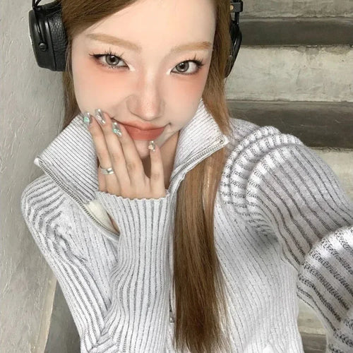 Load image into Gallery viewer, Vintage Zip Up Cardigan Womens Coats Korean Knitted Streetwear Stand  Collar Sweaters 2025 Slim All Match Striped Y2k Jackets
