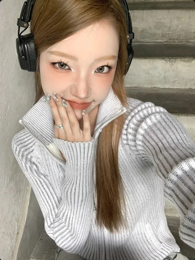 Vintage Zip Up Cardigan Womens Coats Korean Knitted Streetwear Stand  Collar Sweaters 2025 Slim All Match Striped Y2k Jackets