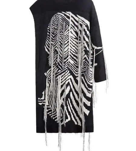 Women  Knitting Striped Tassels Big Size Dress New Round Neck Long Sleeve Loose Fit Fashion Tide Spring Autumn 2025 SG592