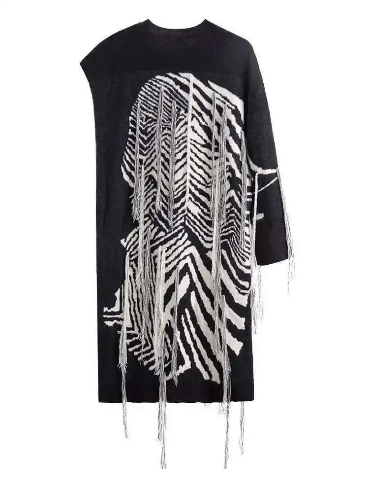 Women  Knitting Striped Tassels Big Size Dress New Round Neck Long Sleeve Loose Fit Fashion Tide Spring Autumn 2025 SG592