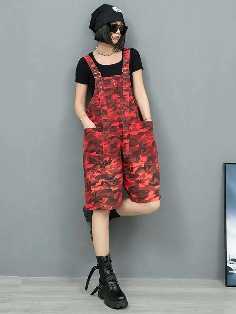 High Waist Red Camouflage Big Size Long Overalls Wide Leg Jeans New Women Trousers Fashion Tide Spring Autumn 2025 1DH9905