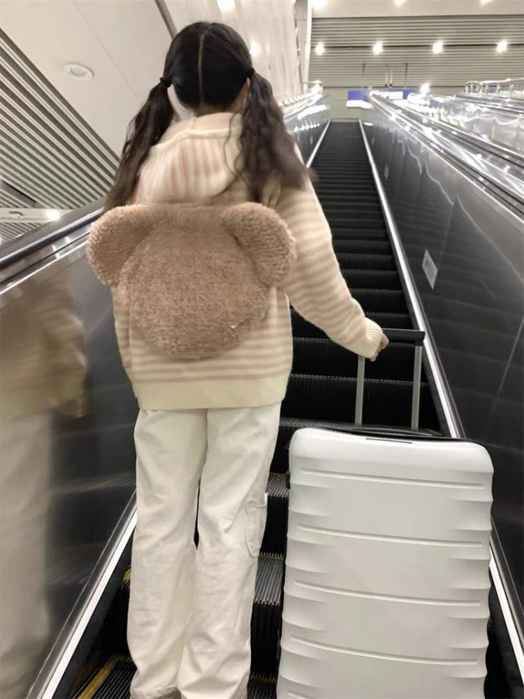 Japanese Sweet Striped Contrast Color Sweaters Knitted Zipper Casual Preppy Cardigans Streetwear Fashion Loose Y2k Hooded Coats